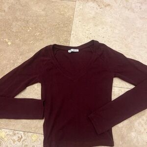 Bershka Deep Burgundy Long Sleeve V-Neck Top